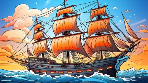 Whimsical Black Sailing Ship at Sea Illustration