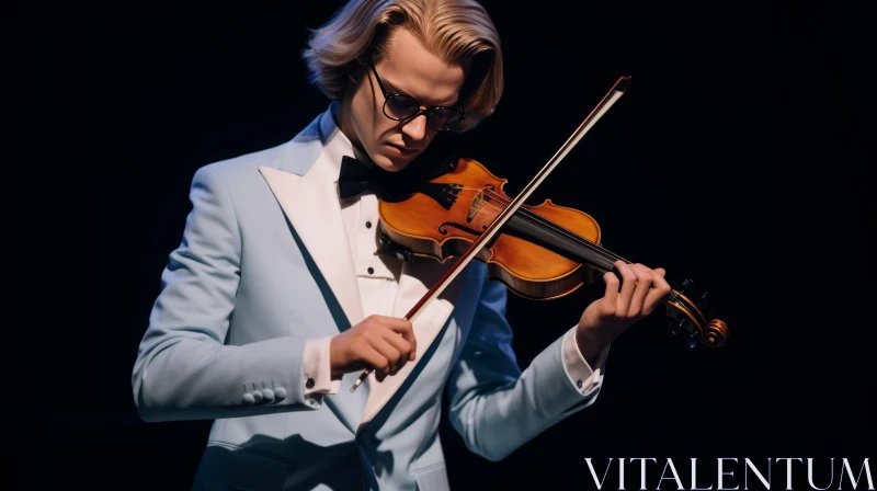 Young Male Violinist Playing Violin in Blue Suit AI Image