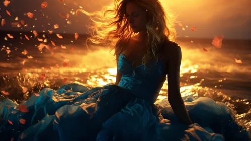 Young Woman in Blue Dress at Beach During Sunset