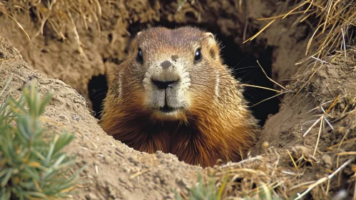 Brown Groundhog Peeking Out of Burrow in Grassy Field