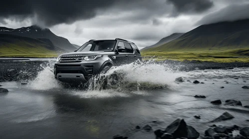 Captivating Land Rover SUV Maneuvering through a Waterway under a Stormy Sky