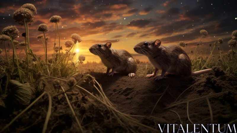 Field Mice at Sunset in Meadow AI Image