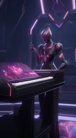 Futuristic Female Character Playing Glass Piano