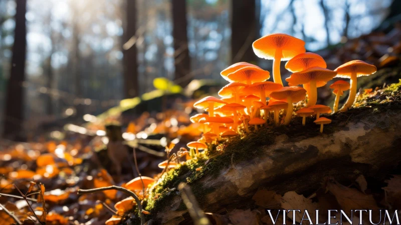 Orange Mushroom Group on Rotting Log in Forest AI Image