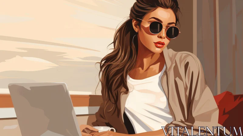 AI ART Young Woman in Cafe with Laptop