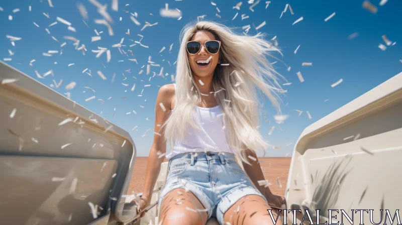 Young Woman in Pickup Truck: Joyful Adventure Under Blue Sky AI Image