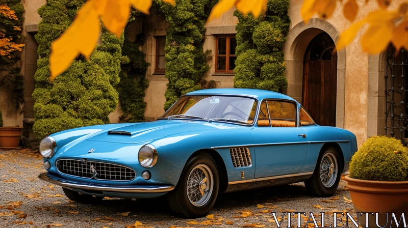 Blue Sports Car in Autumn Garden: Timeless Elegance AI Image