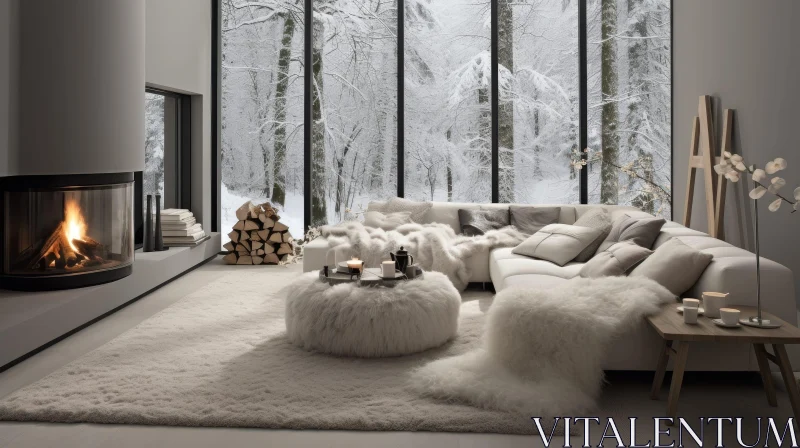 AI ART Cozy Living Room with Fireplace and Snowy Forest View