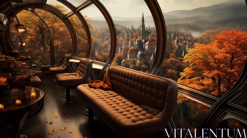 Cozy Steampunk Living Room with Autumn Landscape View AI Image