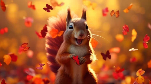 Enchanting Forest Encounter: Curious Squirrel with Red Leaf