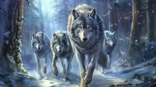 Energetic Wolves Racing Through Snowy Forest - Digital Painting