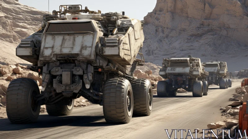 Futuristic Trucks in Desert Landscape AI Image