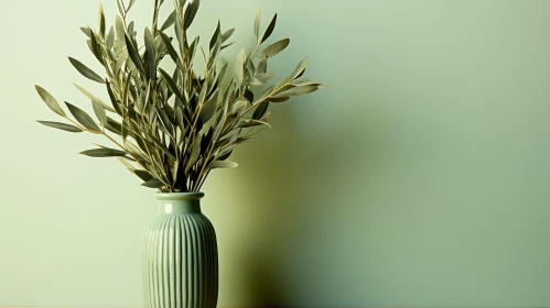 Green Vase and Olive Branches on Sage Green Background