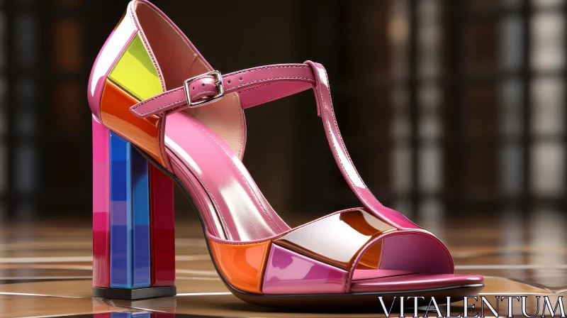 Multicolored High-Heeled Women's Shoe on Reflective Surface AI Image