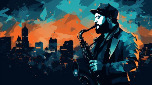 Musical Saxophonist in Cityscape Painting