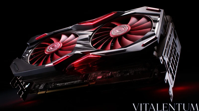 Red Graphics Card with Illuminated Fans on Black Background AI Image