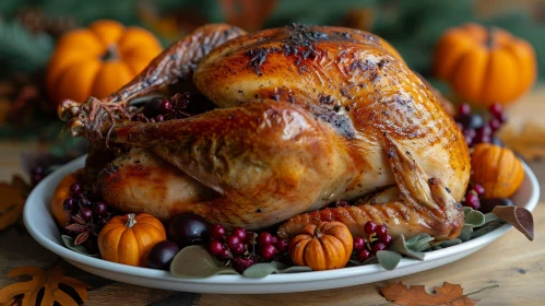 Thanksgiving Roasted Turkey with Cranberries and Pumpkins