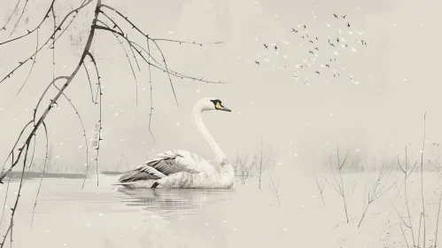 Tranquil Chinese Swan Painting in Misty Landscape