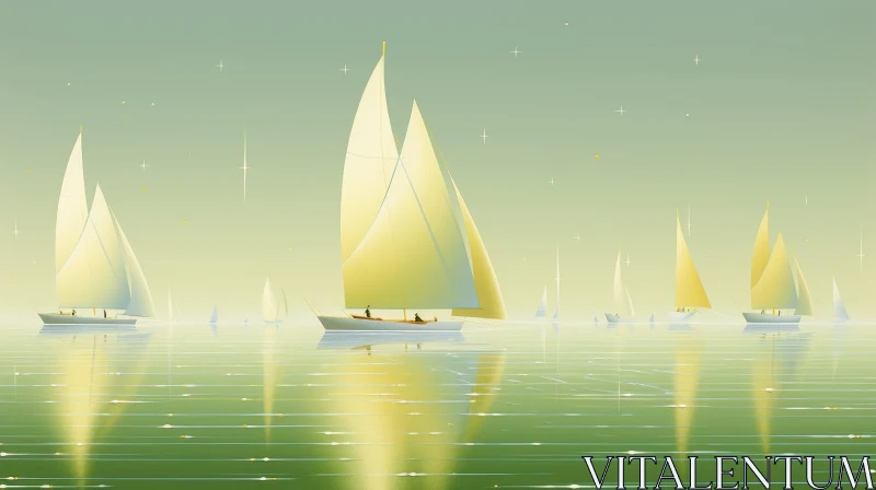 AI ART Tranquil Sea Painting with Sailboats