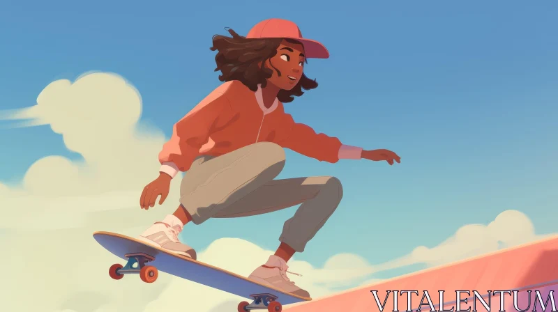 Young Girl Skateboarding on Pink Surface - Outdoor Fun AI Image