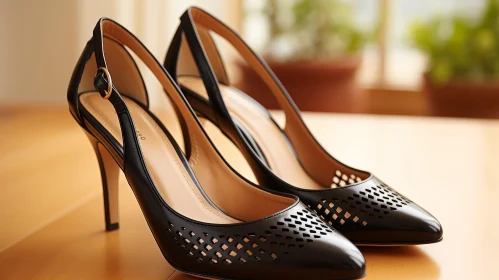 Black Leather High-Heeled Shoes on Wooden Table