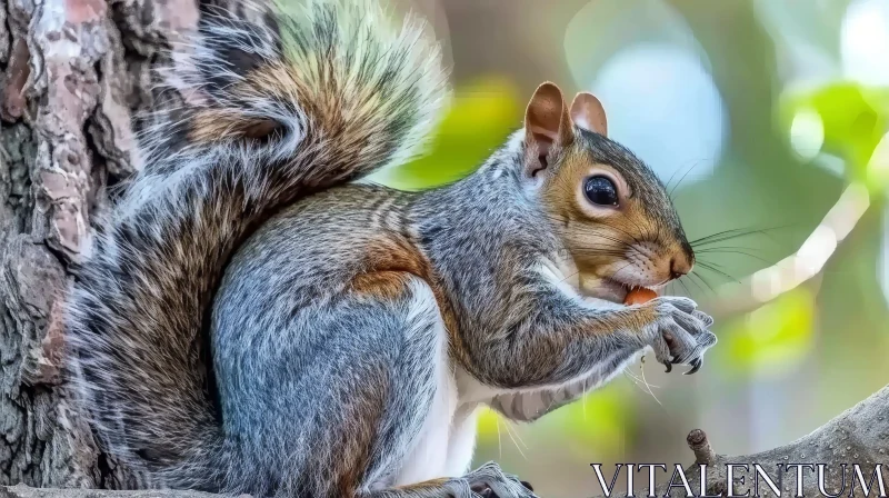 Gray and White Squirrel Eating Nut on Tree Branch AI Image