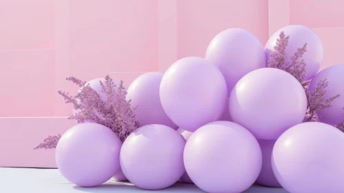 Purple Balloons and Flowers on Pink Background