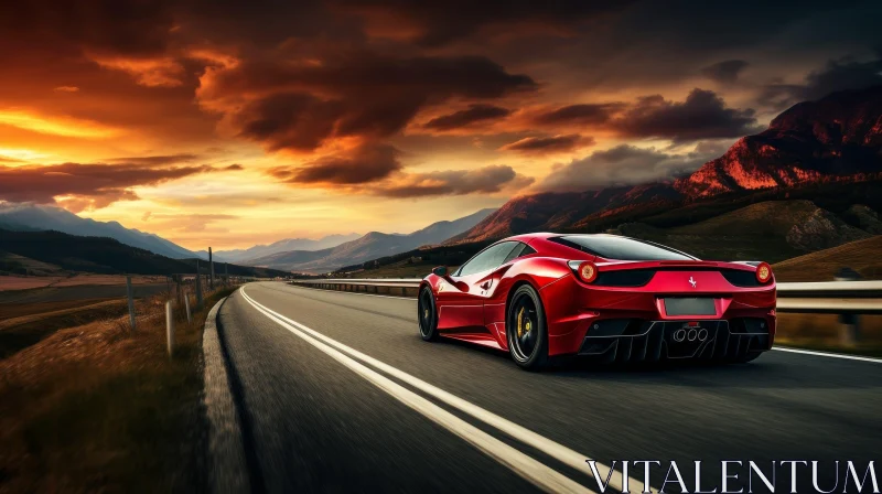 Red Ferrari 458 Italia Racing Through Mountainous Landscape at Sunset AI Image