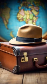Retro Vintage Suitcase with Black Hat and World Map Background
