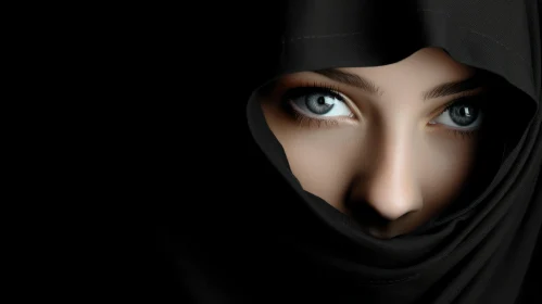 Serious Young Woman in Black Hijab with Light Blue Eyes