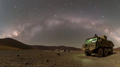 Starry Night Desert Scene with Military Vehicle in Atacama Desert