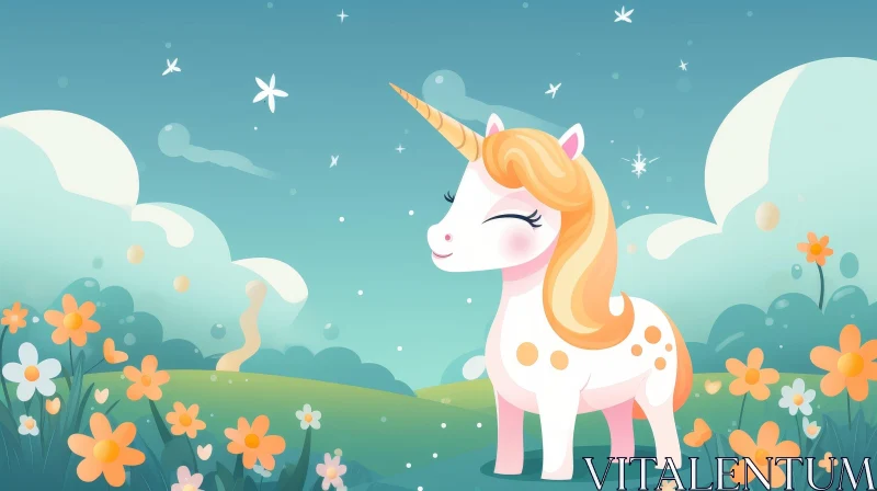 Whimsical Cartoon Unicorn in Flower Field AI Image