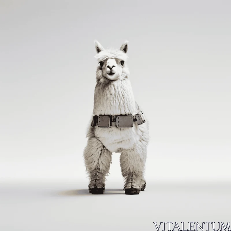 White Llama with Black Collar on Gray Textured Surface AI Image