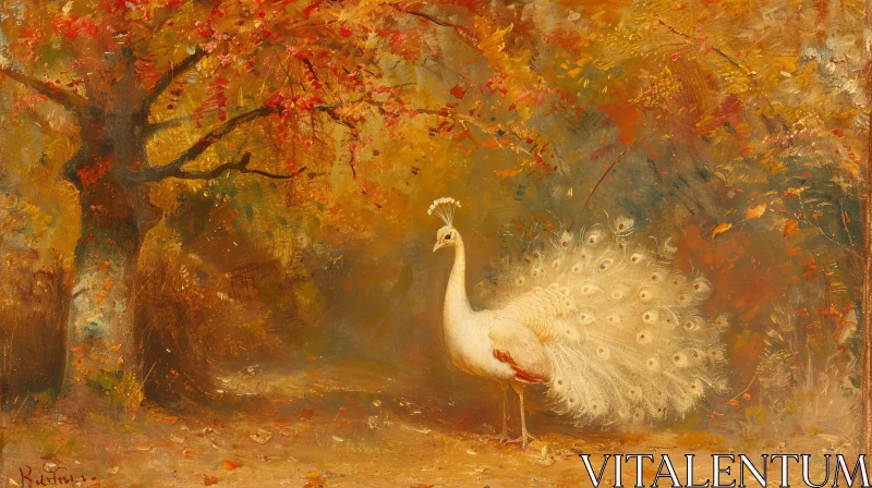 White Peacock in Autumn Forest Painting AI Image
