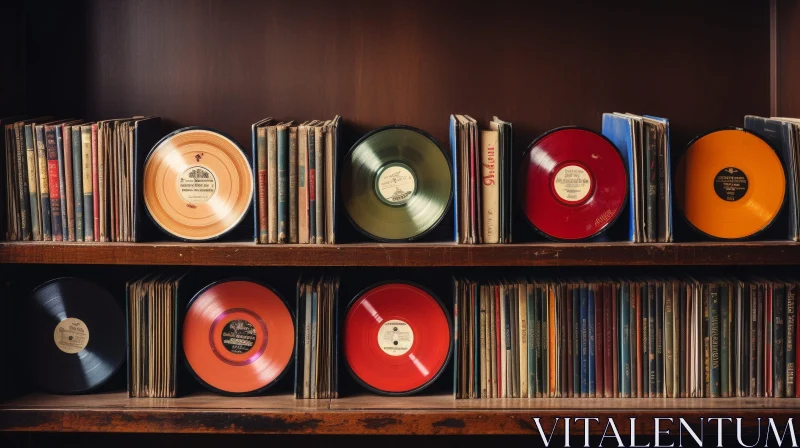 AI ART Wooden Shelf with Books and Vinyl Records