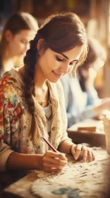 Young Woman Drawing at Table - Artistic Moment Captured
