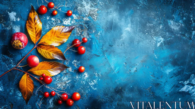 Autumn Leaves and Berries on Blue Stone Background AI Image