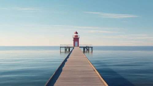 Red Lighthouse on Wooden Pier - Serene Sea View
