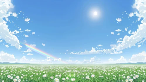 Tranquil Field of White Flowers Under Blue Sky with Rainbow