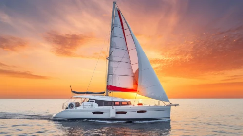 Tranquil Sunset Sailing Catamaran on Calm Sea