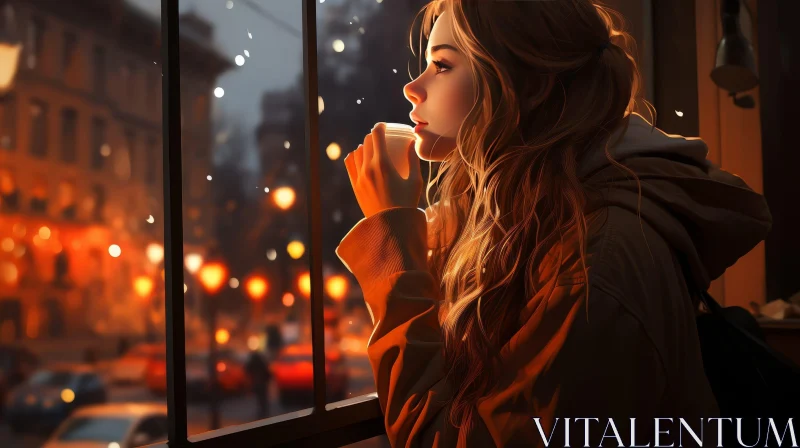 Young Woman by Window with Coffee - City Lights Reflection AI Image