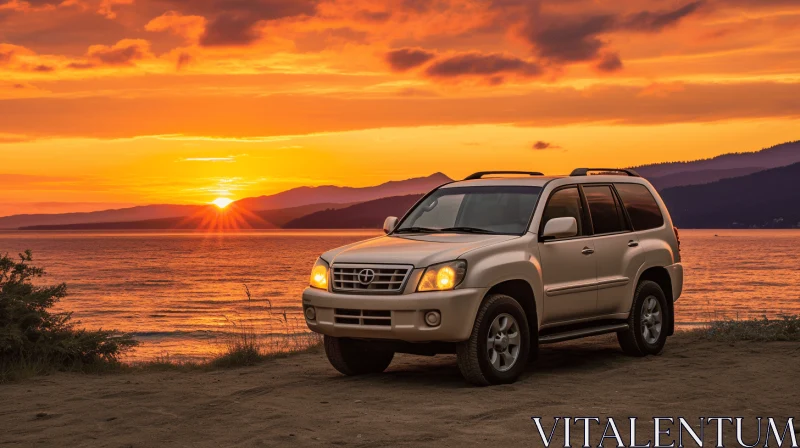 Elegant Sunset: Bronze and Amber SUV on Beach AI Image