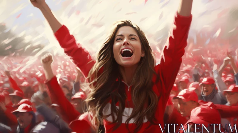 Joyful Woman in Red Tracksuit Celebrating with Crowd AI Image