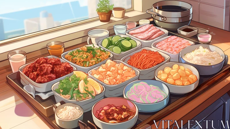 Korean Food Feast: Cityscape Table Setting AI Image
