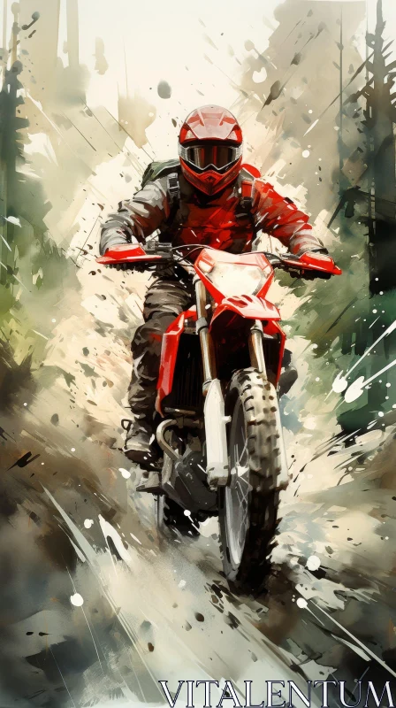 Man Riding Dirt Bike in Forest Watercolor Painting AI Image