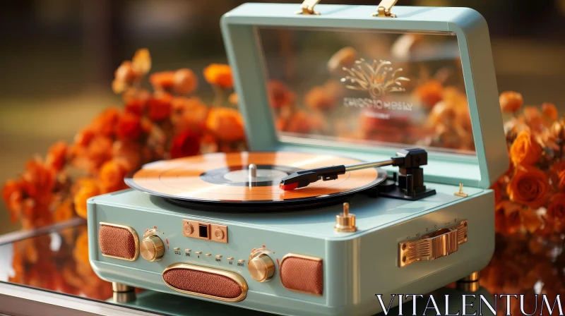 AI ART Mint Green Vintage Record Player Outdoors