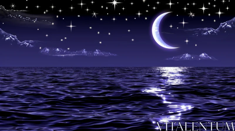 AI ART Night Seascape with Moonlight and Stars