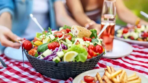 Park Picnic with Salad Basket and Wine