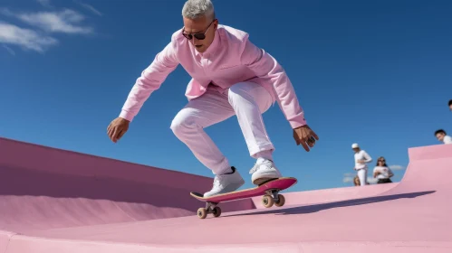 Stylish Man Skateboarding on Pink Ramp