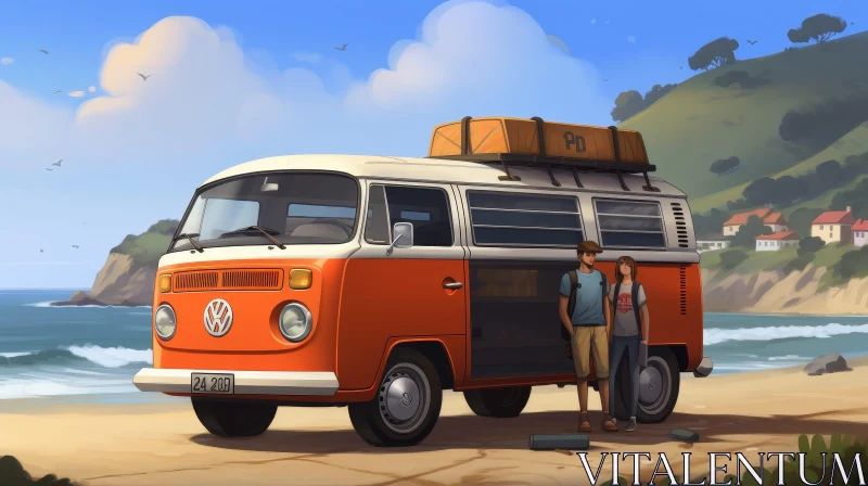 Vintage Volkswagen Bus Couple on Beach AI Image